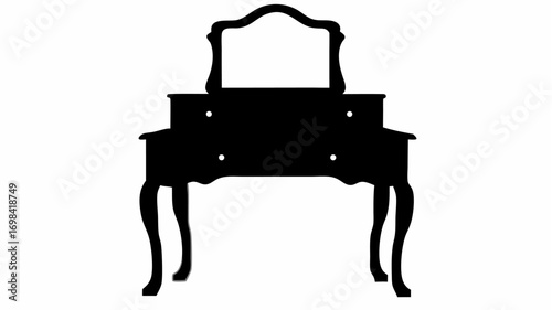 Silhouette of a vanity table with a mirror and drawers, featuring ornate legs and a classic design style