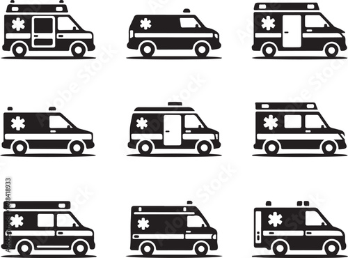 Ambulance Silhouette Collection Emergency Vehicle Medical Transport Icon Set on Transparent Background