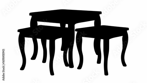 Silhouette of three nesting tables with curved legs and square tops in a minimalist design style