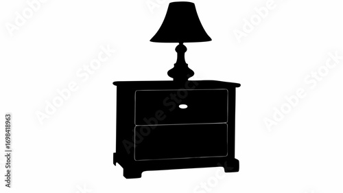 A silhouette of a nightstand with two drawers and a lamp on top casting a shadow in a simple style