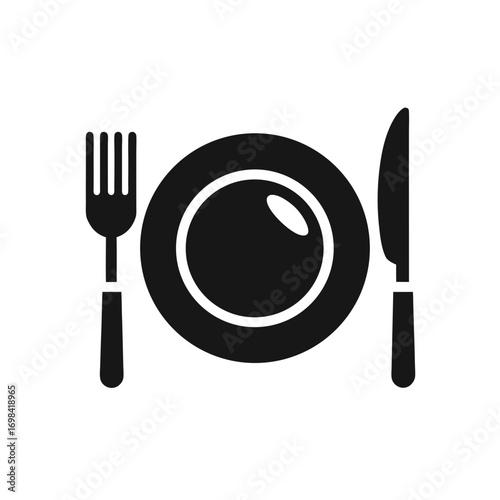 Black plate with fork and knife silhouette on transparent background