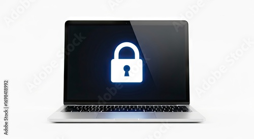 A laptop displays a glowing white padlock on its dark screen indicating security or privacy
