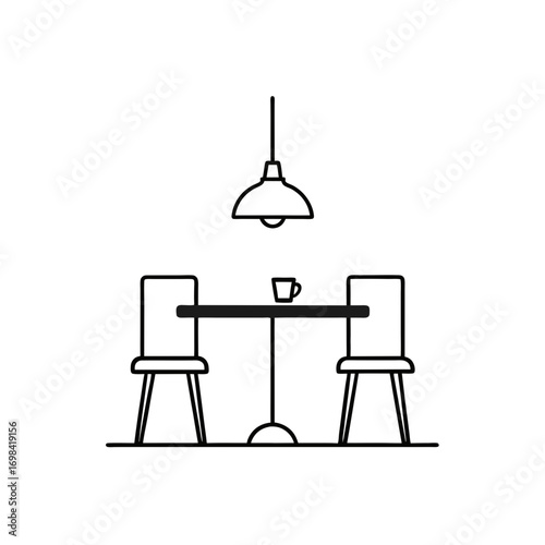 Table setting with chairs and lamp above on transparent background silhouette