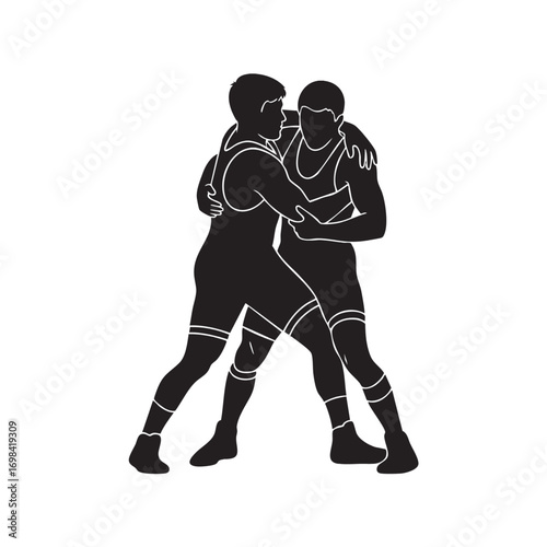 Minimalist Vector Illustration of Two Wrestlers in Dynamic Pose with Black and White Color Scheme in Modern Style