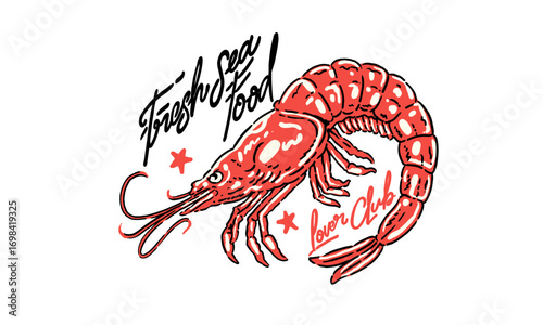  retro artwork of a fresh red prawn. Vintage illustration for a seafood lover club t shirt print or sticker