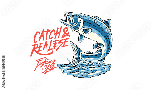 vintage illustration of a jumping bass fish. Retro Catch and Release artwork for a fishing club t shirt print