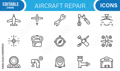 Mechanical and airplane repair icon pack with aerospace engines, hangars, and technical tools