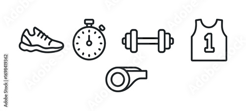Outline icons of sneaker, stopwatch, dumbbell, whistle, and jersey