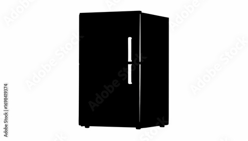 A minimalist black refrigerator with a double handle stands isolated on a white background in a simple style silhouette
