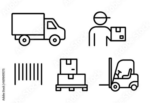 Logistics and shipping icons: truck, delivery, barcode, pallet, forklift