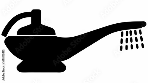 Illustration of a black genie lamp with a curved spout and water pouring out in a simple design style silhouette