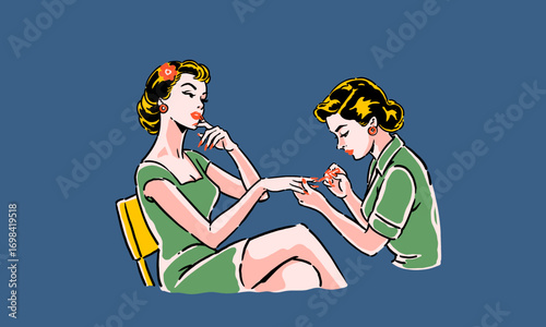 retro pinup style illustration of a woman at a nail salon. Vintage beauty artwork for a t-shirt