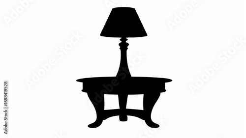 Silhouette of a table lamp with a conical lampshade on a round table with curved legs in black color