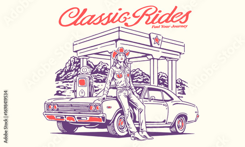 vintage cowgilr retro illustration of a cowgirl with a classic muscle car. Vintage Classic Rides artwork for a t-shirt