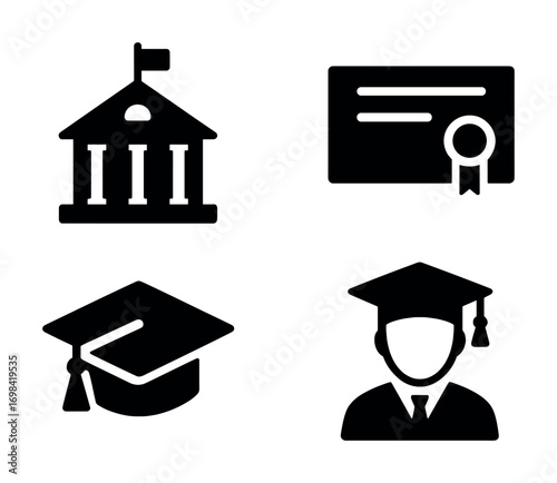Academic icons: university, diploma, graduation cap, graduate portrait silhouette