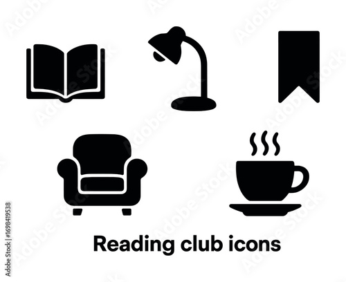 Black silhouette icons: book, lamp, bookmark, armchair, coffee cup for reading club