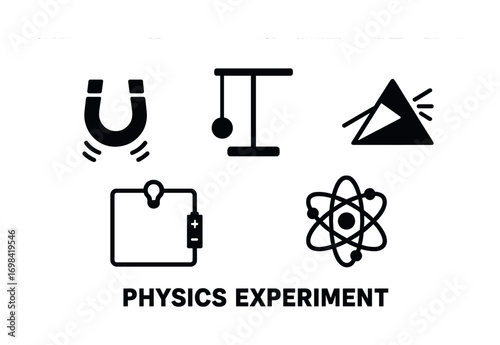 Physics experiment icons: magnet, pendulum, prism, circuit, atom diagram science symbols
