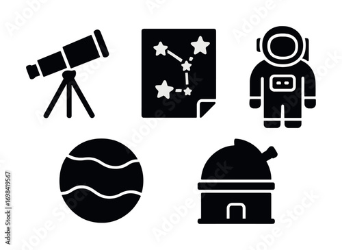 Astronomy icons: telescope, constellation, astronaut, planet, observatory
