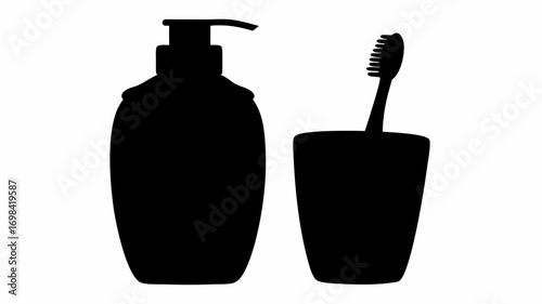 Silhouette of a soap dispenser and a toothbrush in a cup on a white background in a simple style