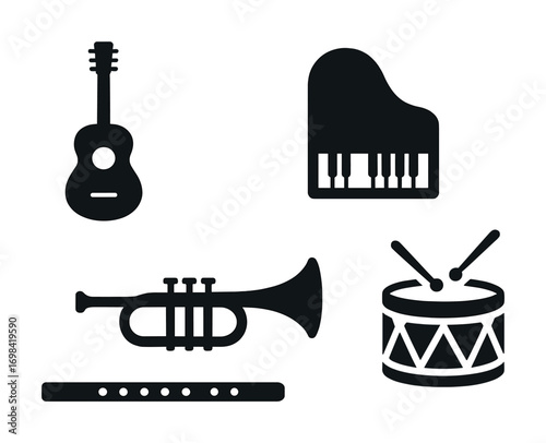 Musical instrument icons: guitar, piano, trumpet, drum, flute illustrations