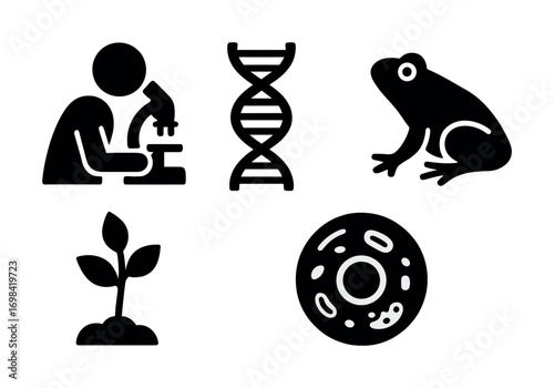 Scientific study icons: microscope, dna, frog, plant, cell