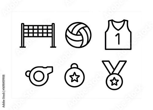 Set of volleyball icons including net, ball, jersey, whistle, medal