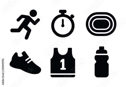 Running icons: athlete, stopwatch, track, shoe, jersey, water bottle