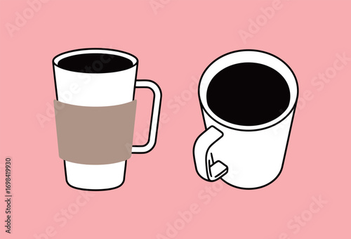Vector illustration of two coffee cups, one with a cardboard sleeve and one without, in a simple graphic style on a pink background