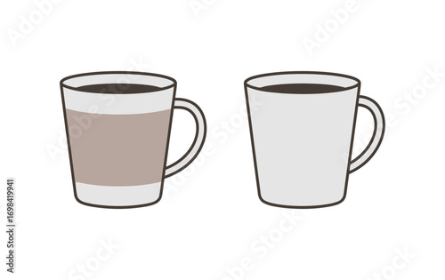 Vector illustration of two different coffee mugs, one with and one without a protective cardboard sleeve, on a clean white background