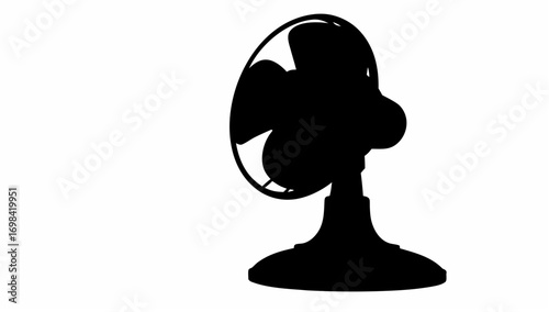 Silhouette of a vintage electric fan with a circular guard and a pedestal base against a white background