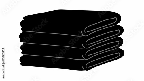 Illustration of a neatly stacked pile of four folded black towels with subtle gray outline details shown silhouette