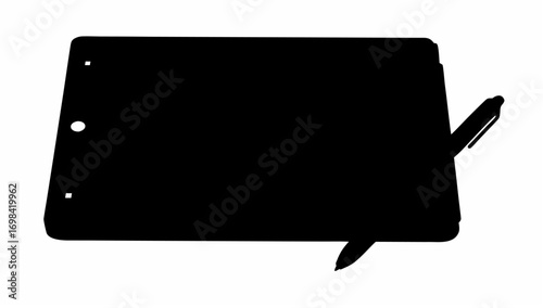 Silhouette of a dark clipboard with three ring holes and a pen attached on the right side view