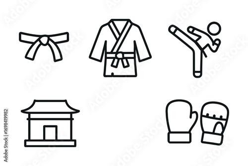 Martial arts icons: belt, uniform, kicking figure, dojo, boxing gloves