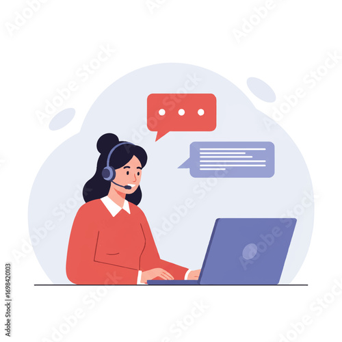 A friendly female customer service representative is helping a client through a laptop screen with vibrant colors and clean outlines in this flat 2D vector illustration.