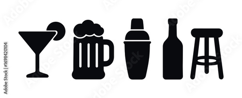 Cocktail and bar icons: martini, beer, shaker, bottle, stool silhouettes