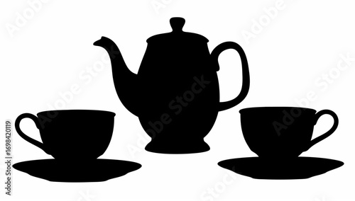 Silhouette illustration of a coffee pot with two cups and saucers arranged on a white background art