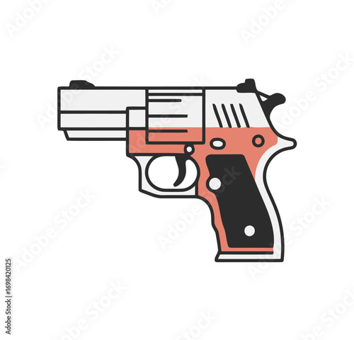 Detailed vector illustration of a modern semi-automatic pistol handgun, isolated in a graphic style with orange accents on a white background
