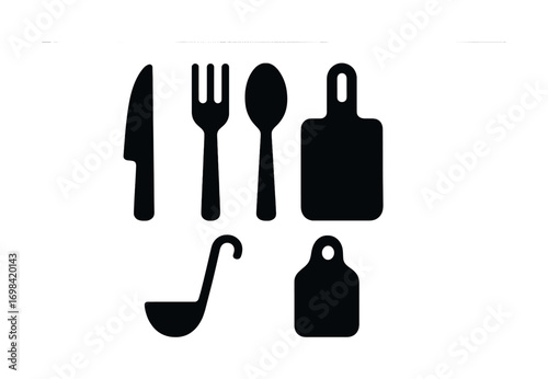 Silhouette kitchen utensils set including knife fork spoon ladle cutting board icons