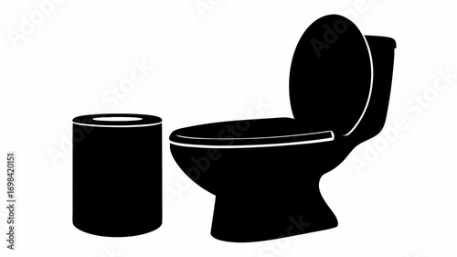 Illustration of a toilet with the lid open next to a cylindrical trash can in black and white style silhouette