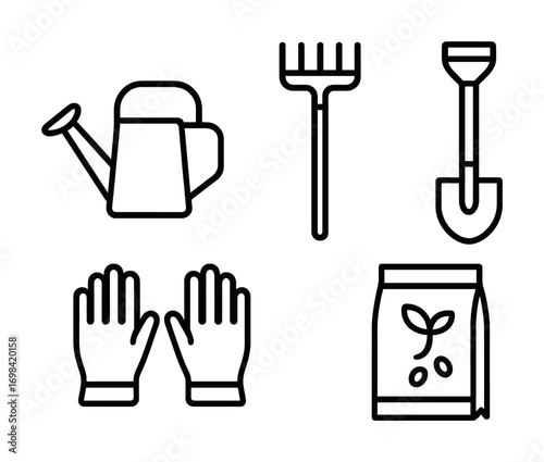 Essential gardening tools: watering can, rake, shovel, gloves, seed pack