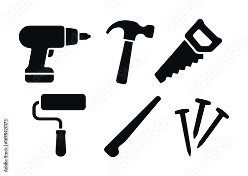 Silhouette set of essential tools: drill, hammer, saw, roller, chisel, nails
