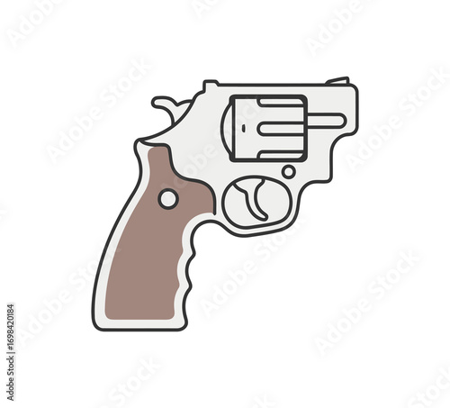 Vector illustration of a classic revolver pistol with a brown handle, a graphic line art icon isolated on a clean white background