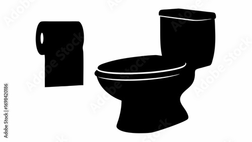A simple black and white illustration of a toilet with a roll of toilet paper next to the toilet bowl silhouette