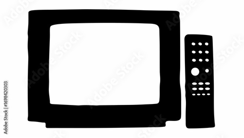 Illustration of a television set with a remote control featuring a black and white color scheme design silhouette