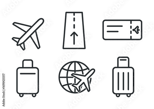 Travel icon set: airplane, runway, ticket, luggage, globe