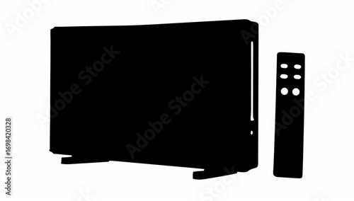 A solid black silhouette of a space heater with a remote control standing next to it on a white background