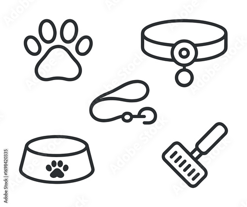 Pet care essentials icons: paw print, collar, leash, bowl, grooming brush