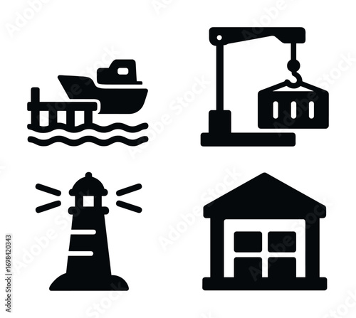 Maritime icons: ship, crane, lighthouse, warehouse symbols