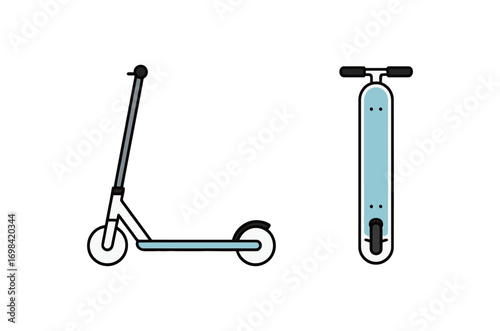 Side and top view vector illustration of a modern electric scooter, in a clean and simple graphic style on a white background