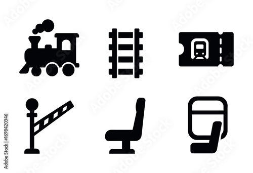 Train icons set: engine, tracks, ticket, barrier, seat, window silhouette collection